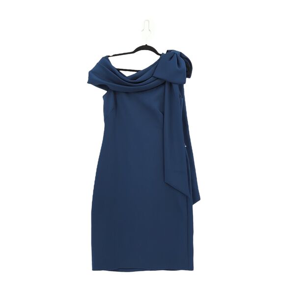 TADASHI SHOJI Women M Snyder Dress Royal Navy Blue Drapes Neoprene Bow NEW FLAW - Picture 3 of 9
